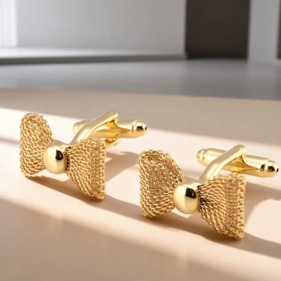 Accessories - Elegant Gold Mesh Bow Cufflinks Classic Gold Tone Formal Unisex